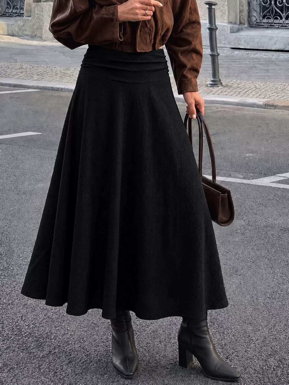 ZARA Textured High Waist Flared Long Skirt 's Autumn Winter